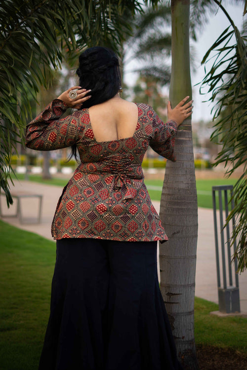 Buttercup (Sugar) - Rust Green Ajrakh Kurti with Corset back