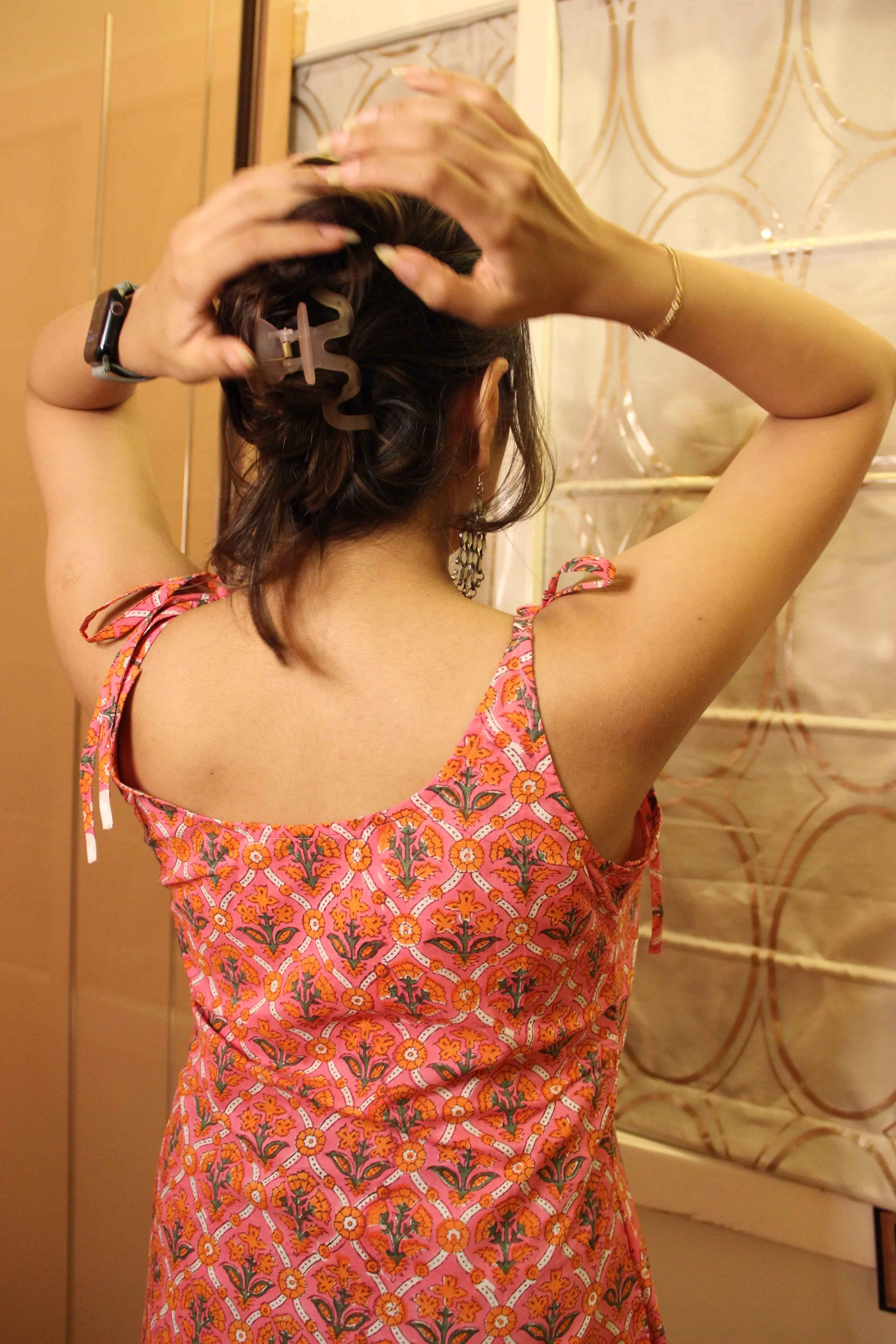 Billo - Soft Pink Floral Tie-Up Noodle Strap Kurti