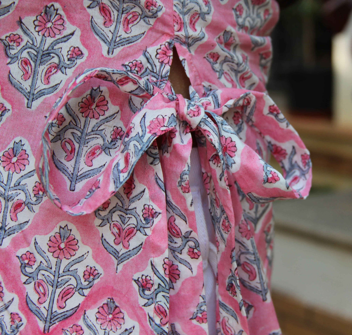 Blossom (Sugar) - Pink Floral Block Print Kurti with Side Bows Tie-Up