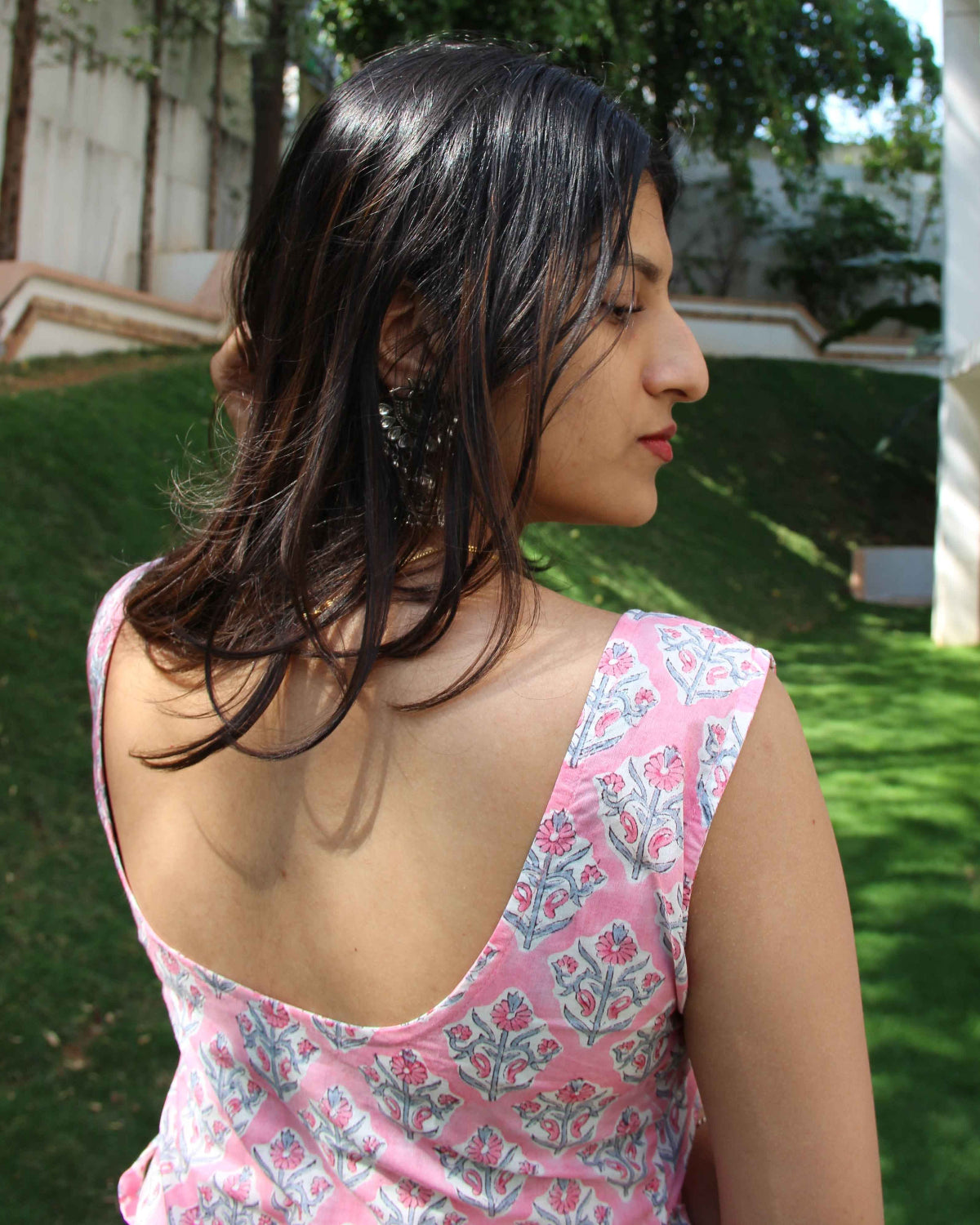 Blossom (Sugar) - Pink Floral Block Print Kurti with Side Bows Tie-Up