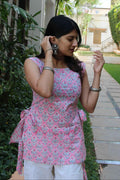 Blossom (Sugar) - Pink Floral Block Print Kurti with Side Bows Tie-Up