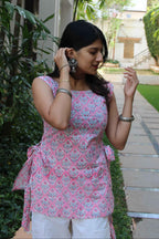Blossom (Sugar) - Pink Floral Block Print Kurti with Side Bows Tie-Up