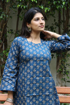 Bubbles (Sugar) - Blue Floral Print Cotton Kurti with Flared Sleeves