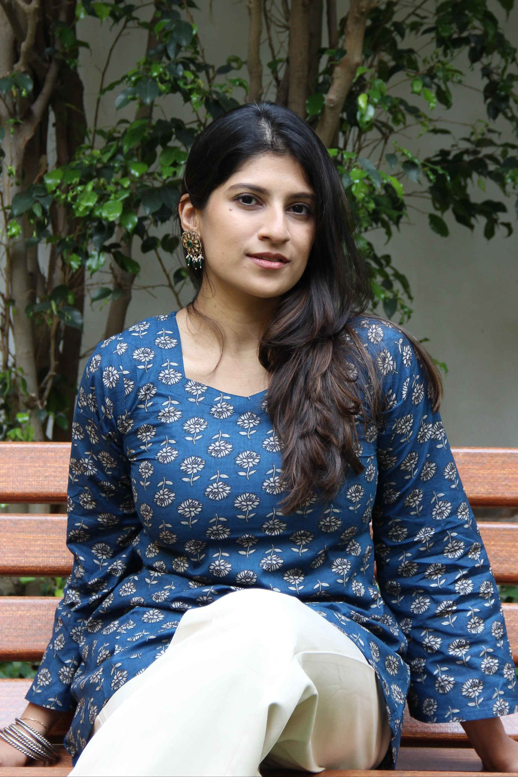 Bubbles (Sugar) - Blue Floral Print Cotton Kurti with Flared Sleeves