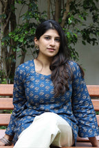 Bubbles (Sugar) - Blue Floral Print Cotton Kurti with Flared Sleeves