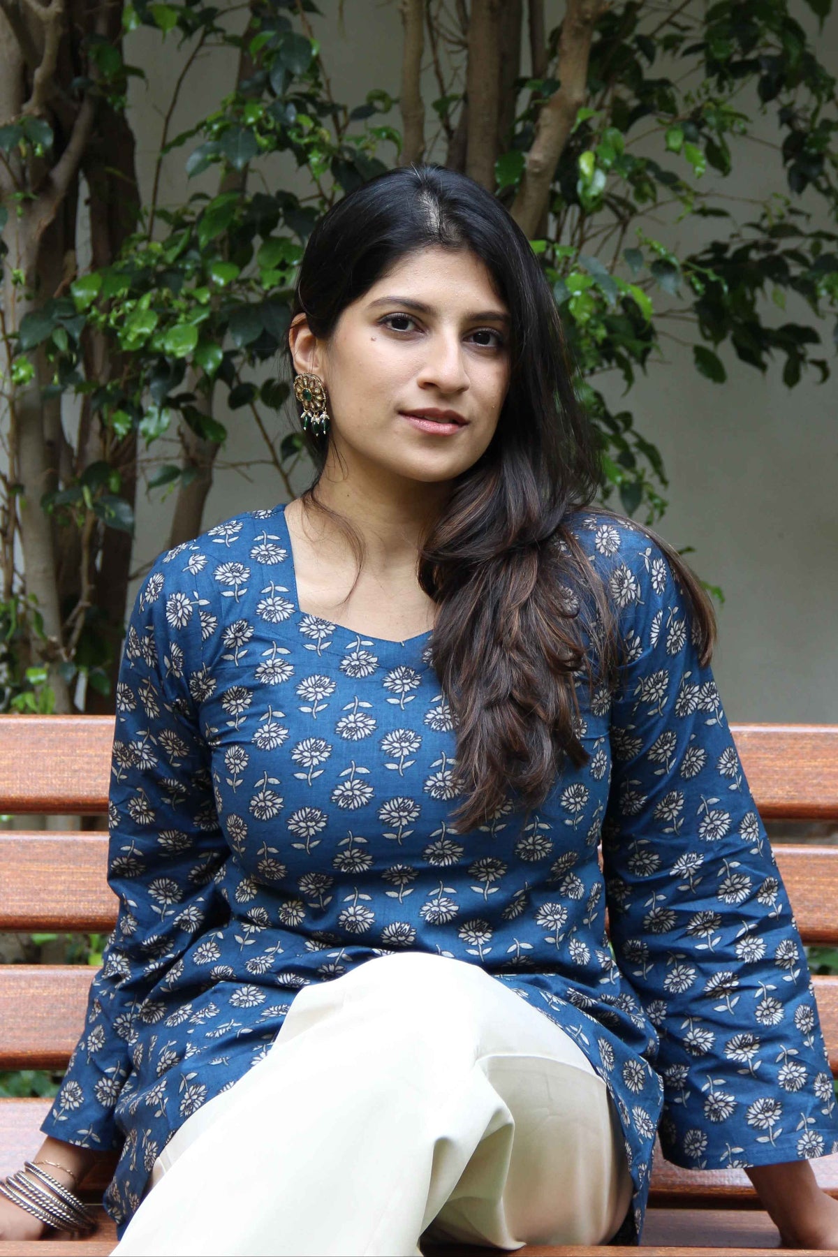 Bubbles (Sugar) - Blue Floral Print Cotton Kurti with Flared Sleeves