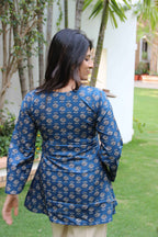 Bubbles (Sugar) - Blue Floral Print Cotton Kurti with Flared Sleeves