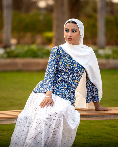 Bubbles (Sugar) - Blue Floral Cotton Kurti with Flared Sleeves