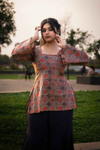 Buttercup (Sugar) - Rust Green Ajrakh Kurti with Corset back