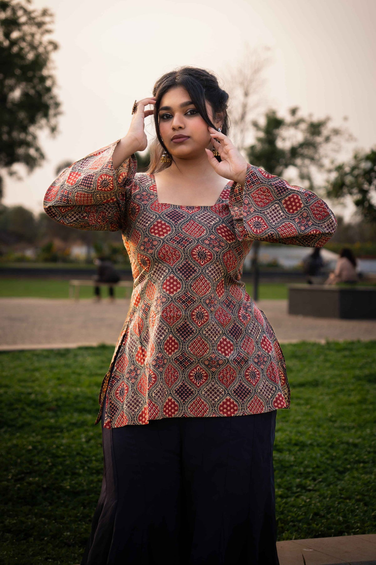 Buttercup (Sugar) - Rust Green Ajrakh Kurti with Corset back
