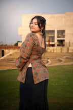 Buttercup (Sugar) - Rust Green Ajrakh Kurti with Corset back