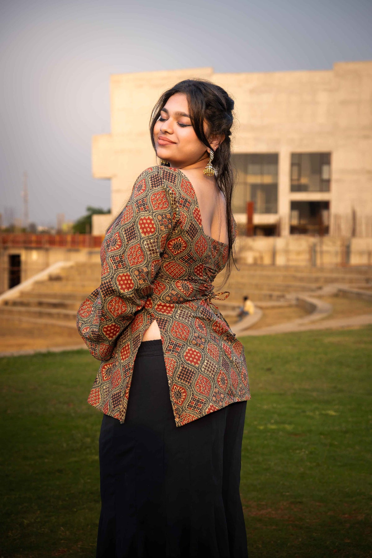 Buttercup (Sugar) - Rust Green Ajrakh Kurti with Corset back