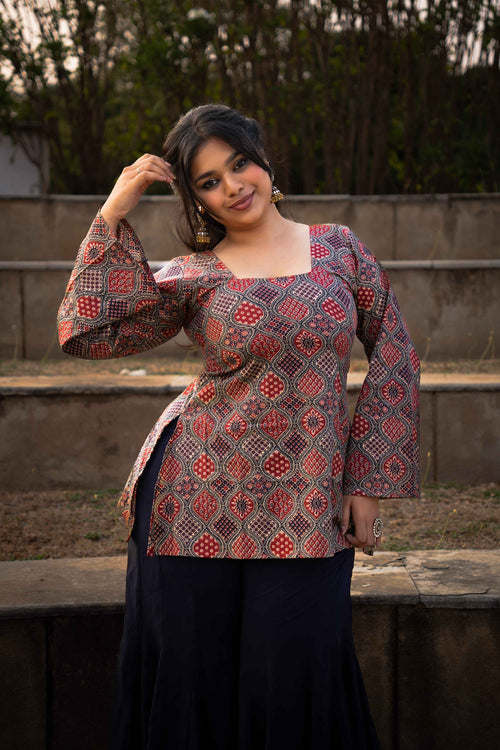 Buttercup (Sugar) - Rust Green Ajrakh Kurti with Corset back