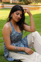 Chemical X (Spice) - Indigo Floral Halter Neck Corset Back Kress Kurti (Convertible Kurti–Dress)