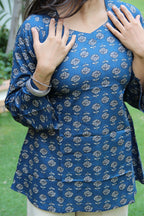 Bubbles (Sugar) - Blue Floral Print Cotton Kurti with Flared Sleeves