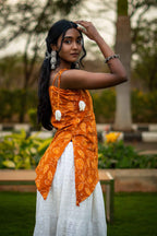 Golden Tulip (Sugar) - Mustard Floral Tie-Up Strap Asymmetrical   Top with Tulips