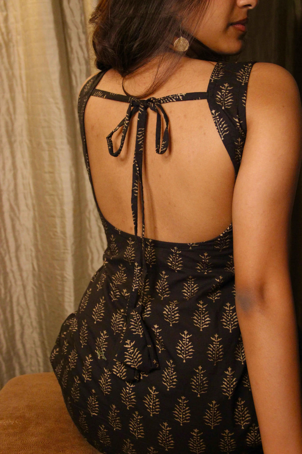 Haseena - Black & Gold Leaf Print Kurti with Open Back Tie-Up