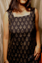 Haseena - Black & Gold Leaf Print Kurti with Open Back Tie-Up