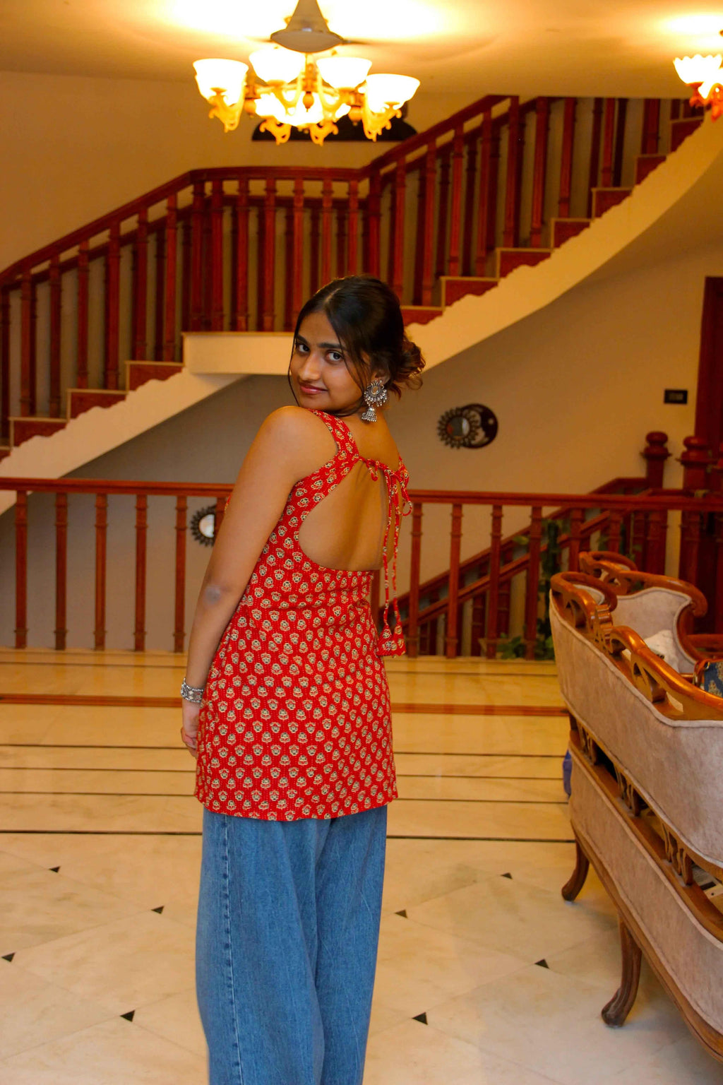 Haseena - Red Katha Cotton Block Print Kurti with Open Back Tie-Up