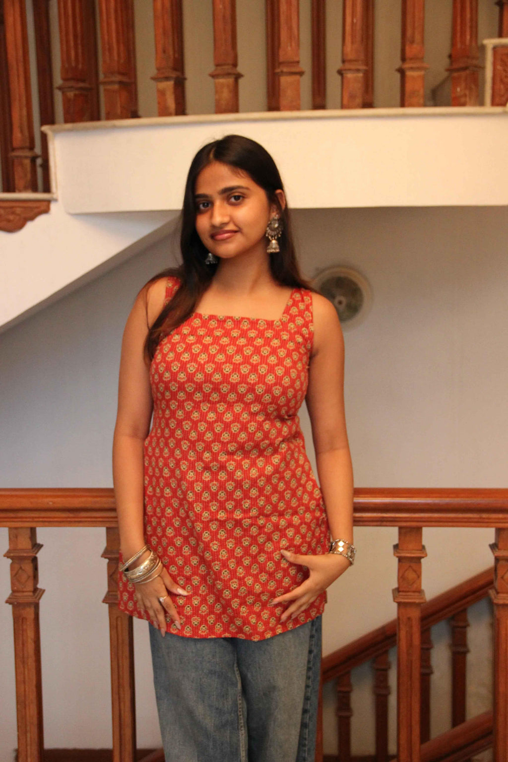 Haseena - Red Katha Cotton Block Print Kurti with Open Back Tie-Up