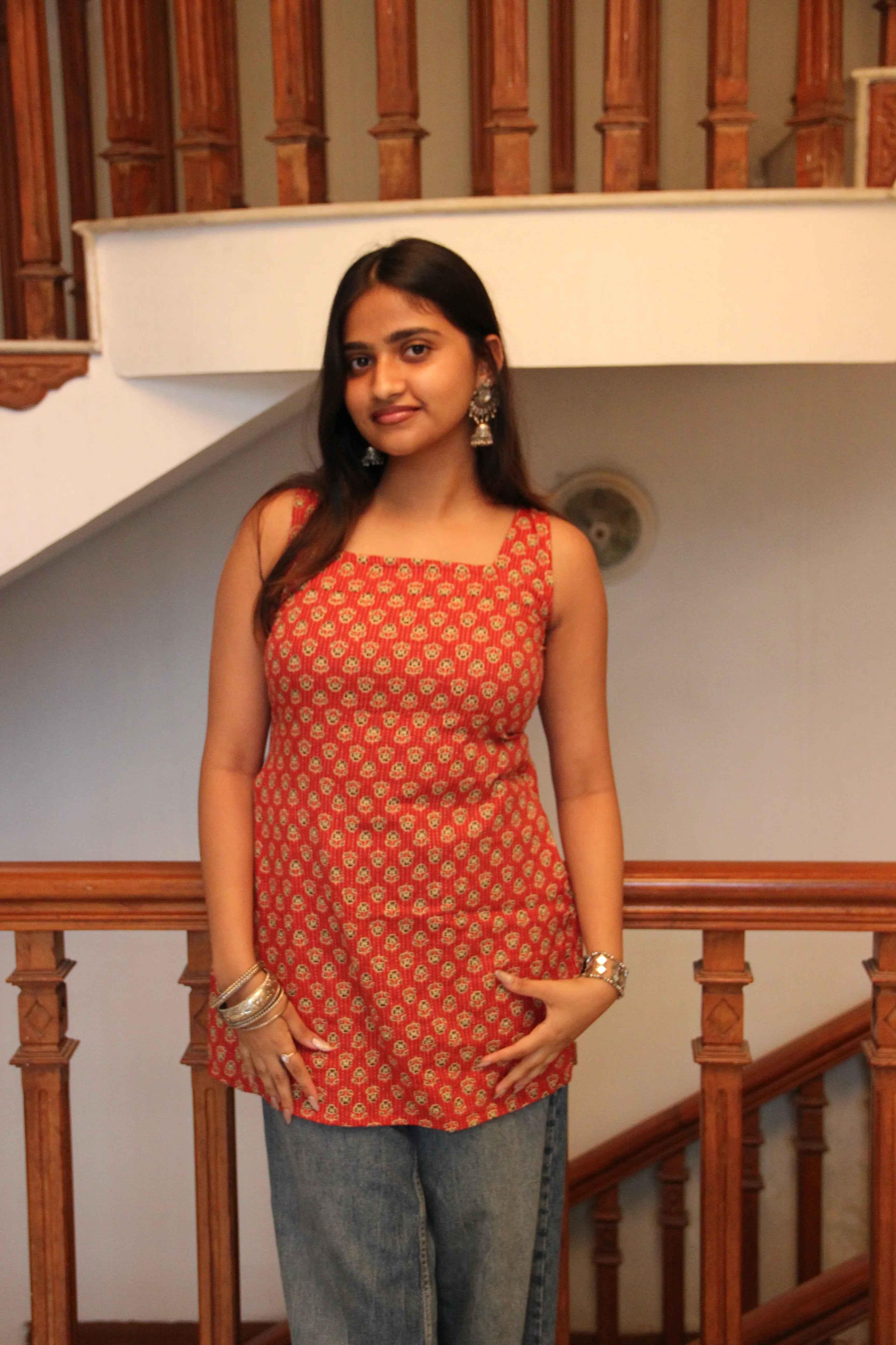 Haseena - Red Katha Cotton Block Print Kurti with Open Back Tie-Up