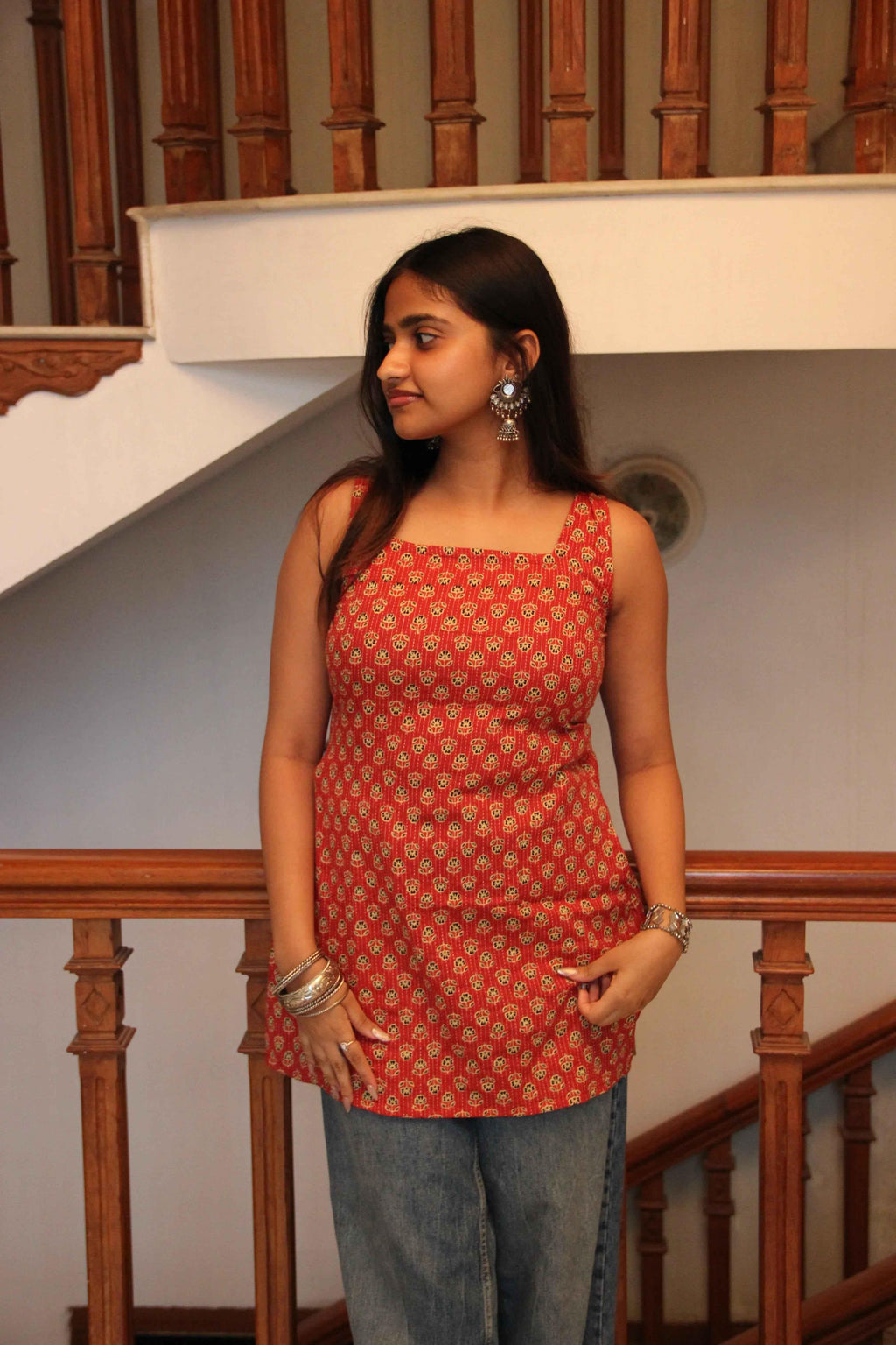 Haseena - Red Katha Cotton Block Print Kurti with Open Back Tie-Up