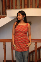 Haseena - Red Katha Cotton Block Print Kurti with Open Back Tie-Up
