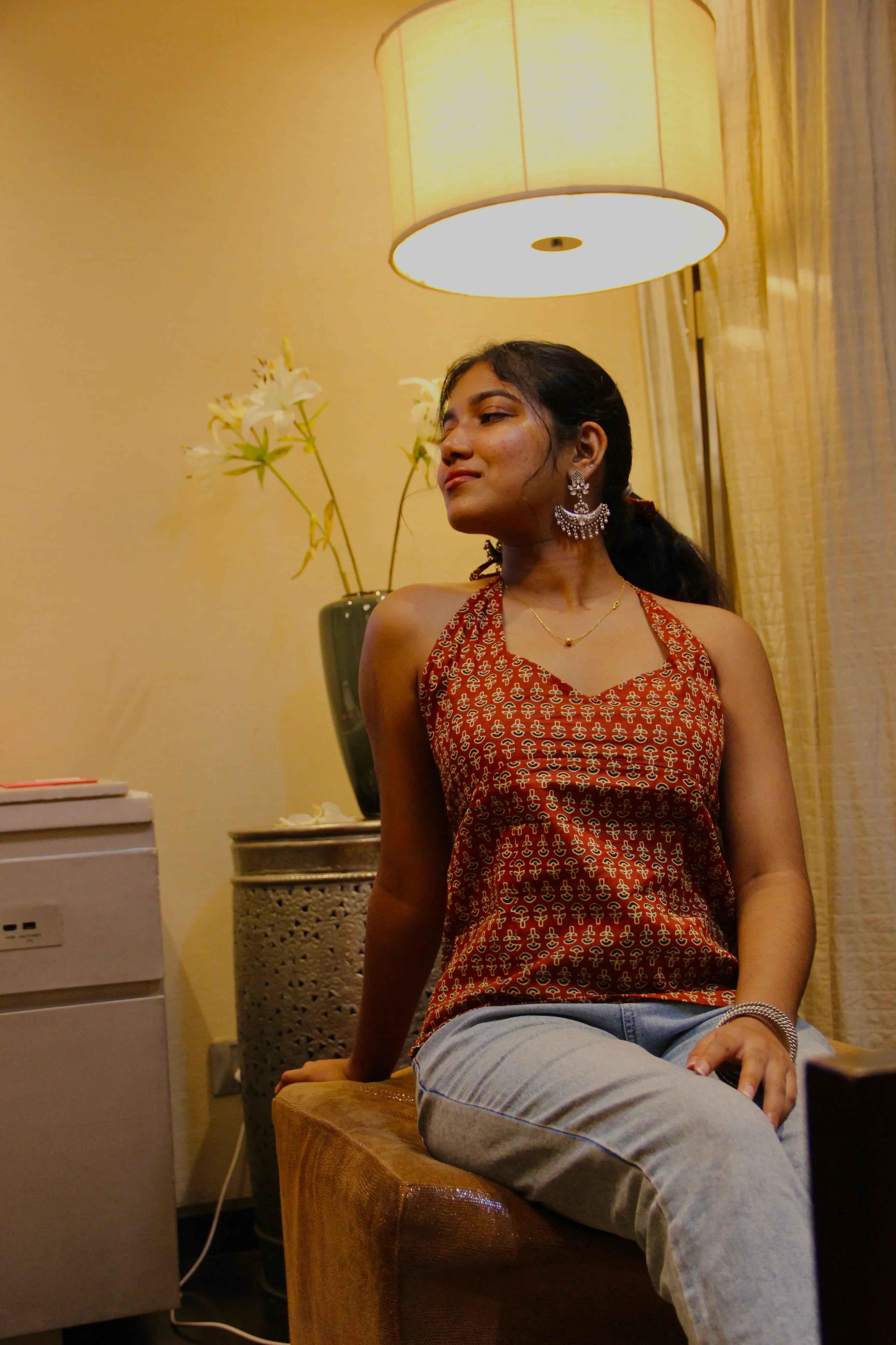 Husn - Rust Red Block Print Halter Neck Top