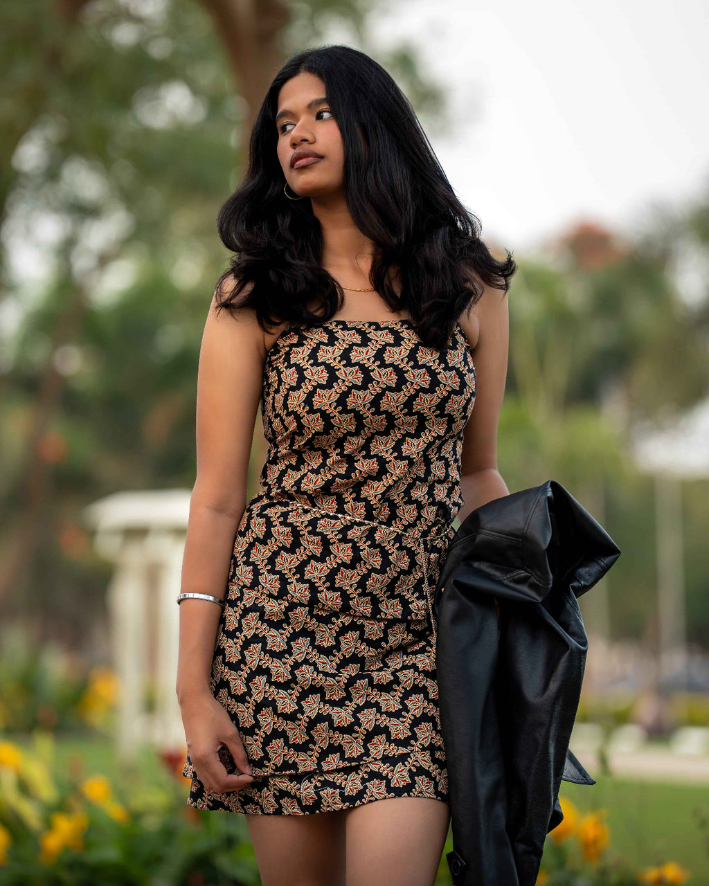 Midnight Mayhem (Spice) - Black Floral Top with Mini Wrap Skirt Co-ord Set
