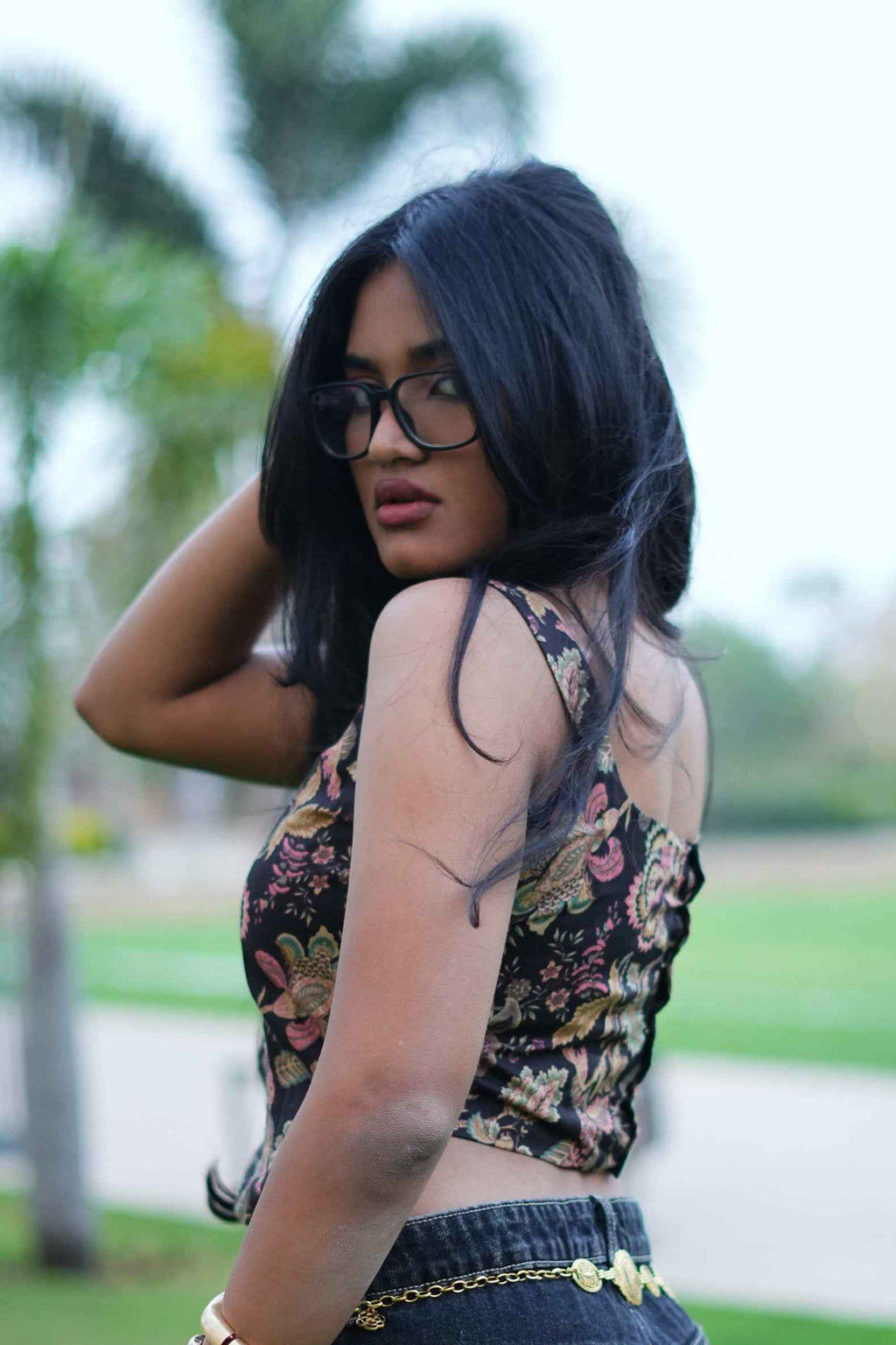 Mojo Jojo (Spice) - Brown Floral Corset Crop Top with Scoop Neck