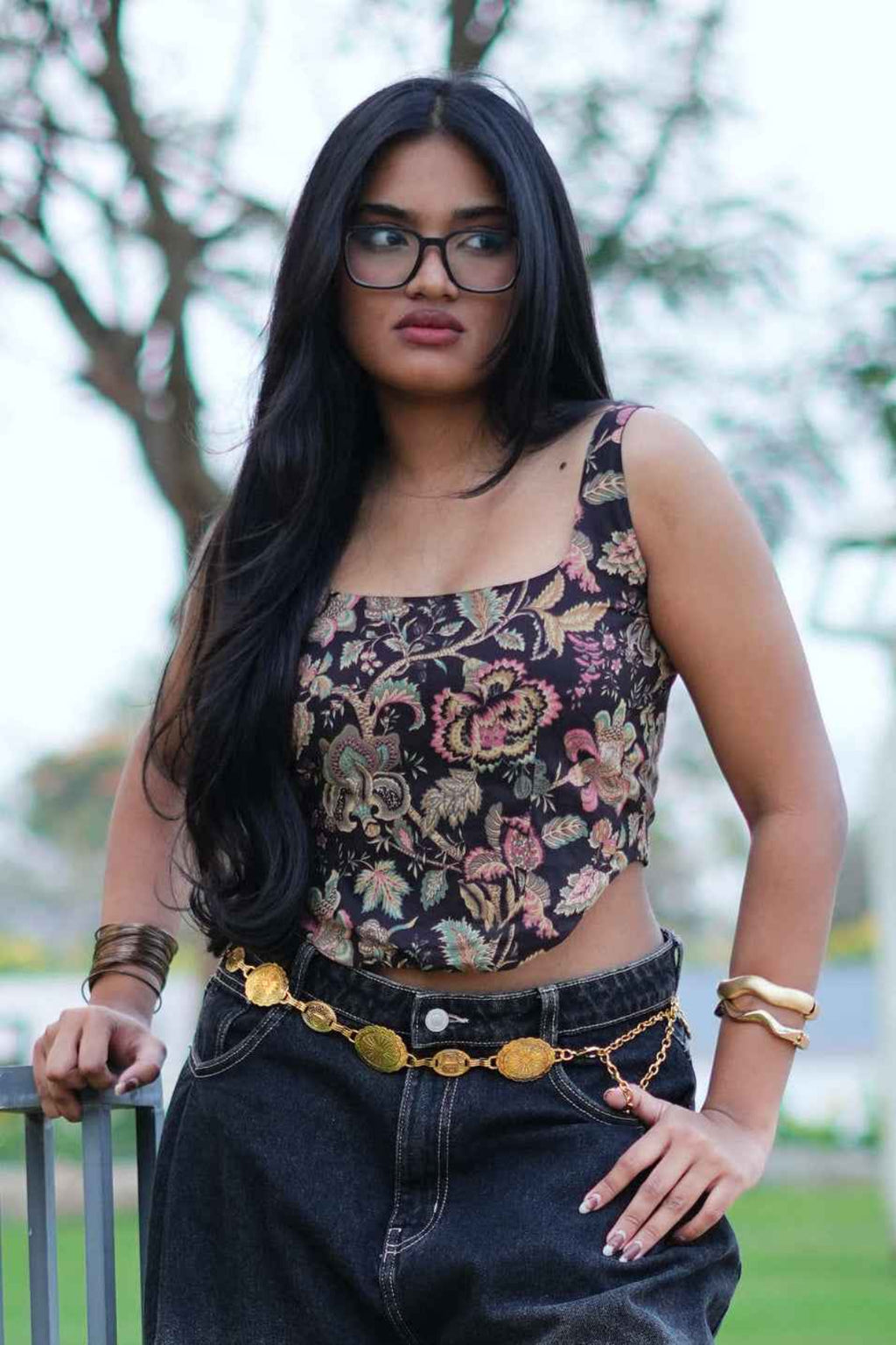 Mojo Jojo (Spice) - Brown Floral Corset Crop Top with Scoop Neck