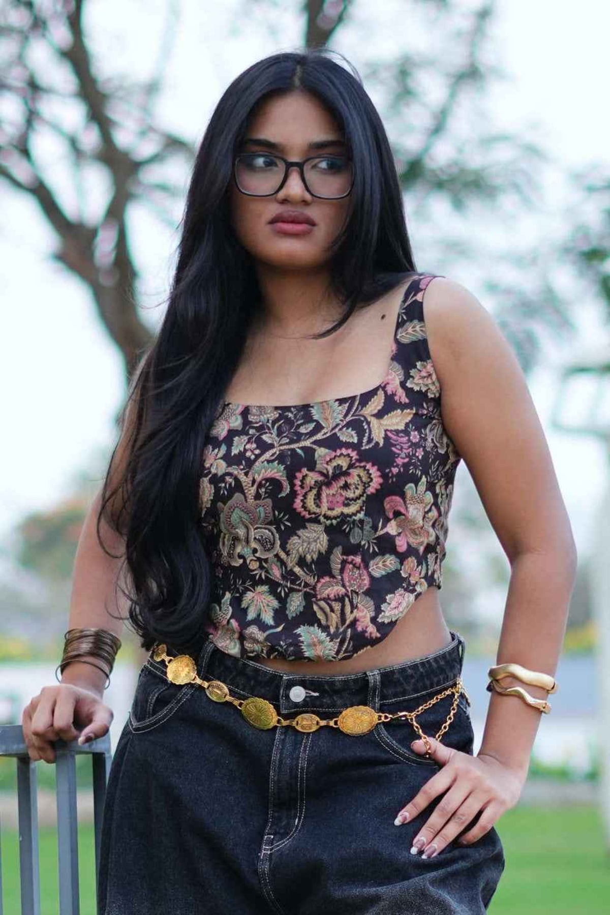 Mojo Jojo (Spice) - Brown Floral Corset Crop Top with Scoop Neck