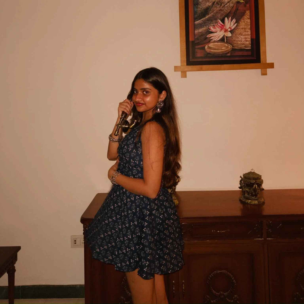 Qala - Blue Floral Sleeveless Dress with Corset Back
