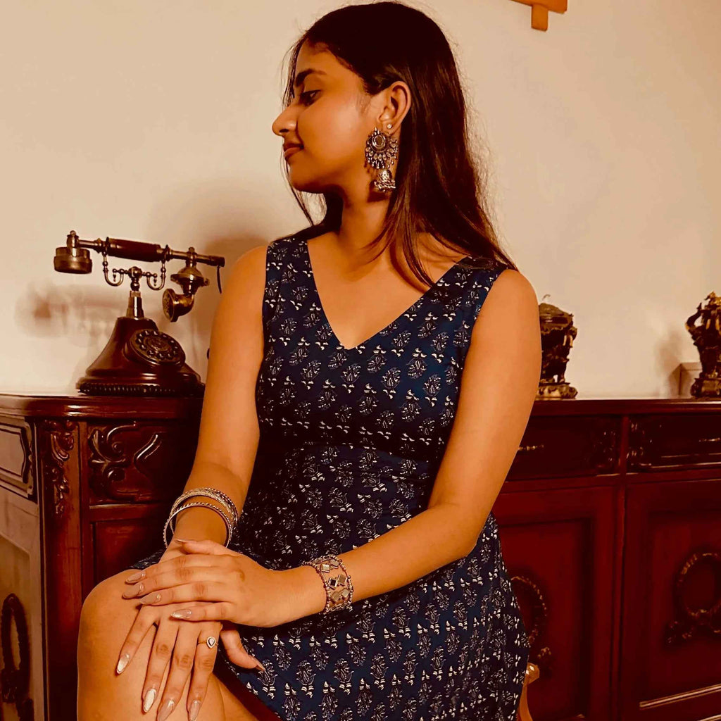 Qala - Blue Floral Sleeveless Dress with Corset Back
