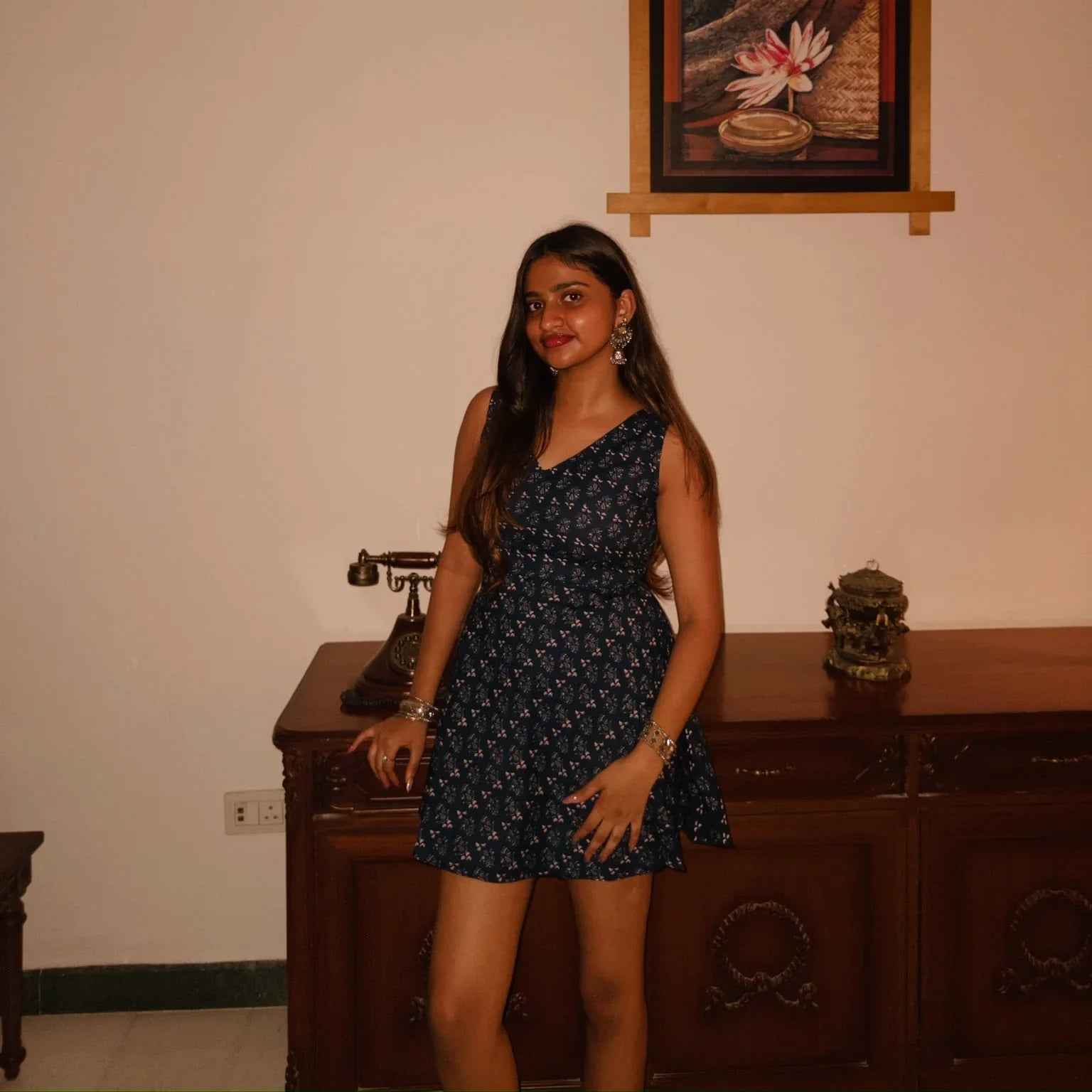 Qala - Blue Floral Sleeveless Dress with Corset Back