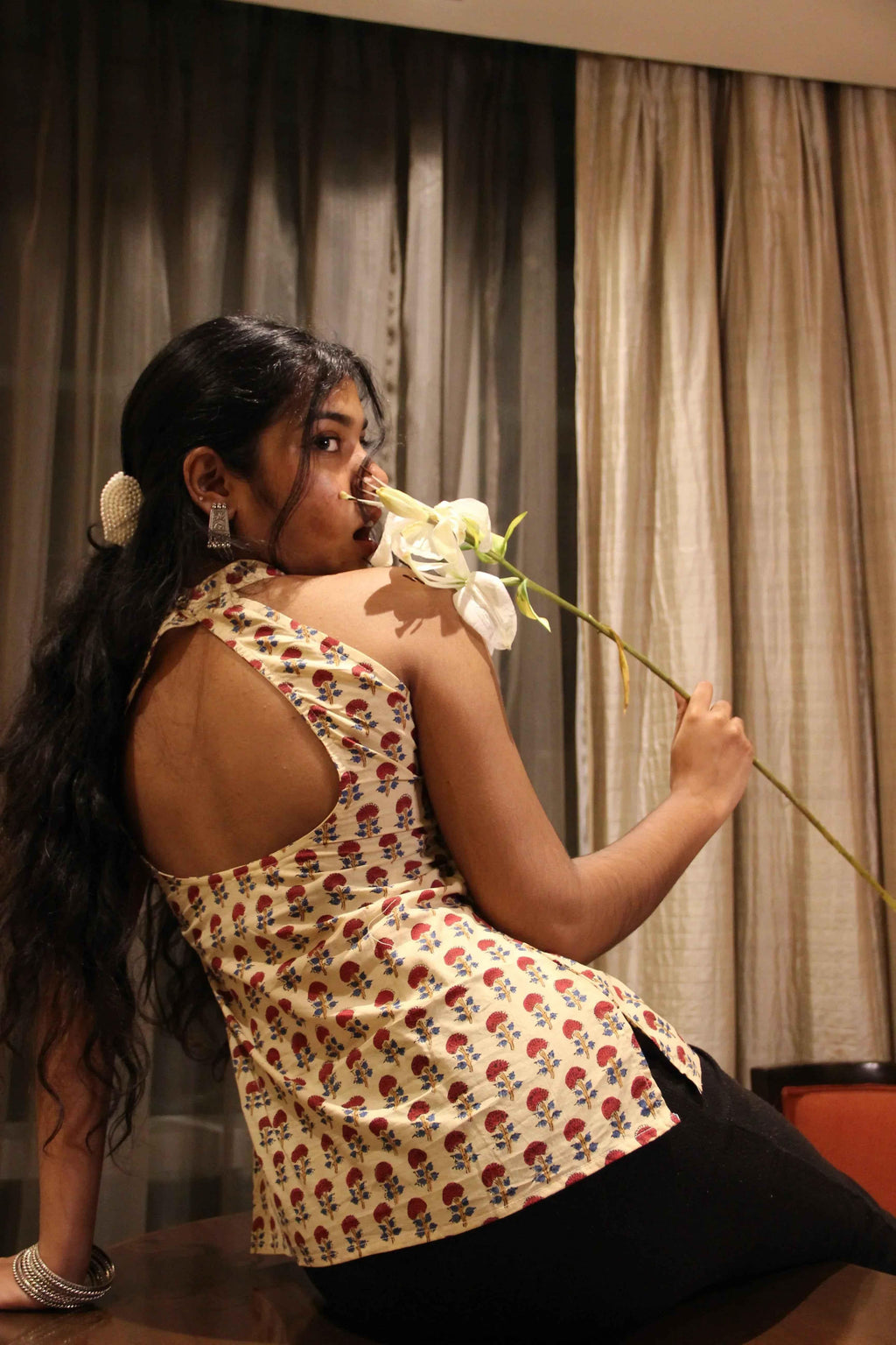Vaani - Cream & Red Floral Halter Neck Kurti with Cross Back