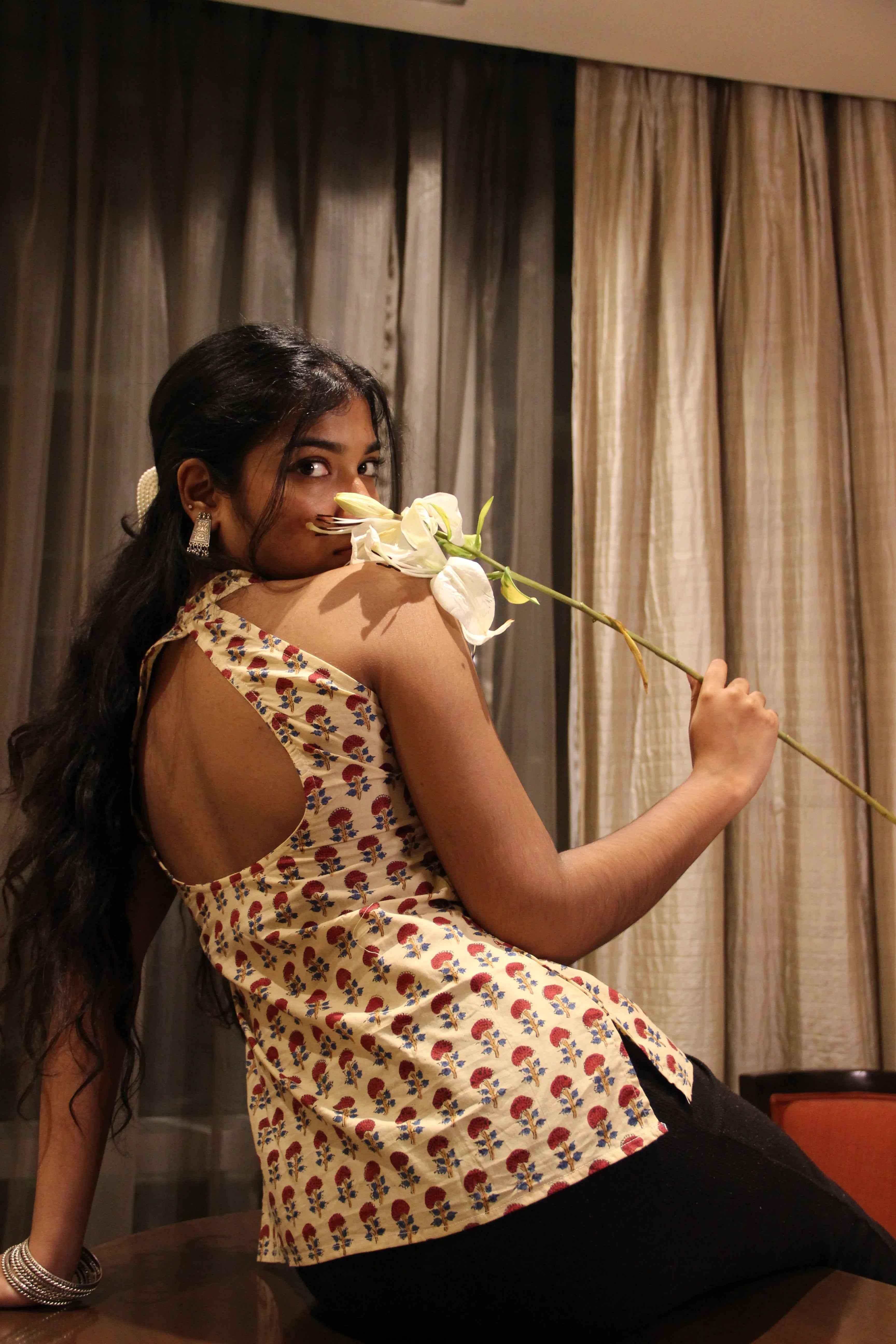 Vaani - Cream & Red Floral Halter Neck Kurti with Cross Back