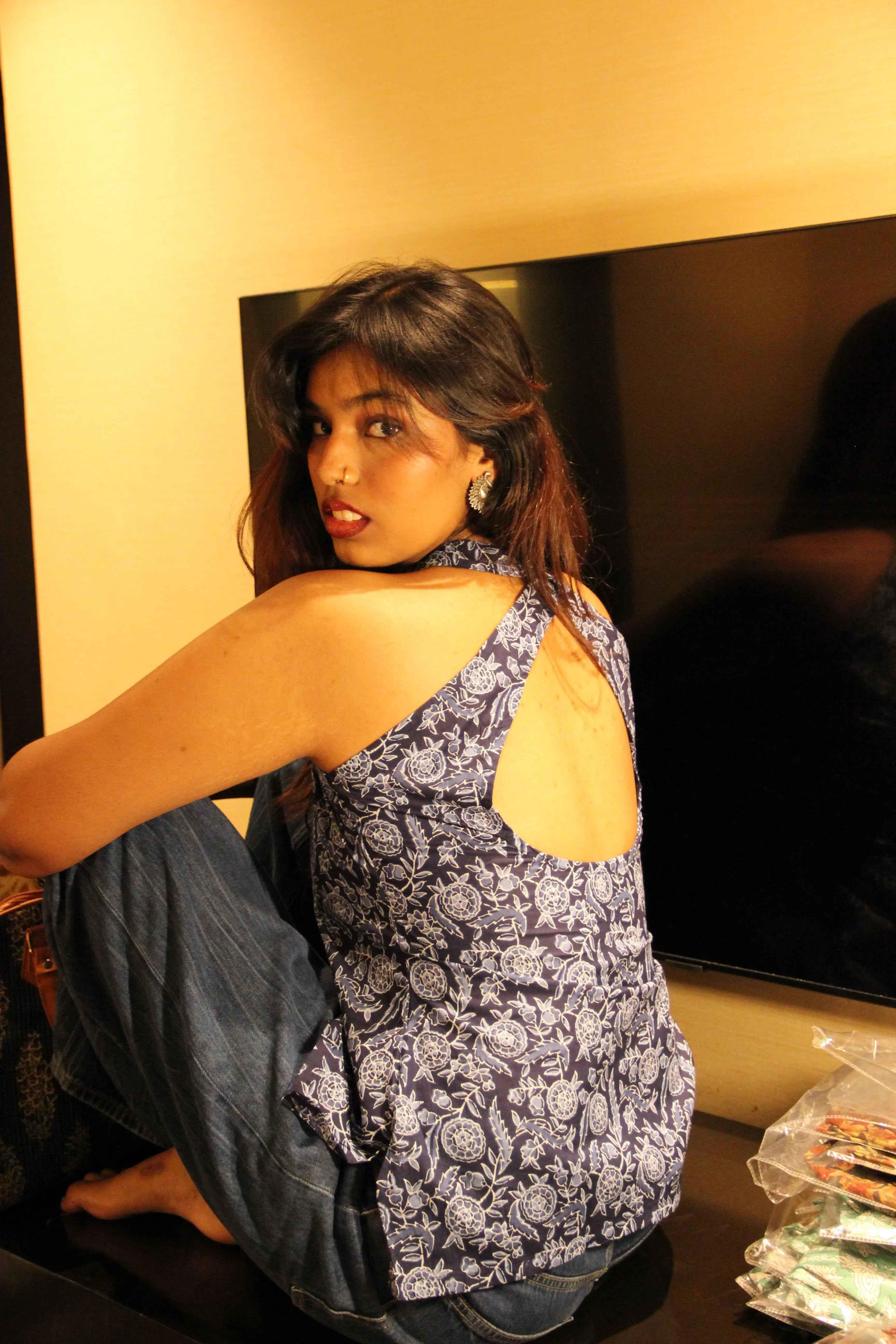 Vaani - Blue Floral Halter Neck Top with Open Scoop Back