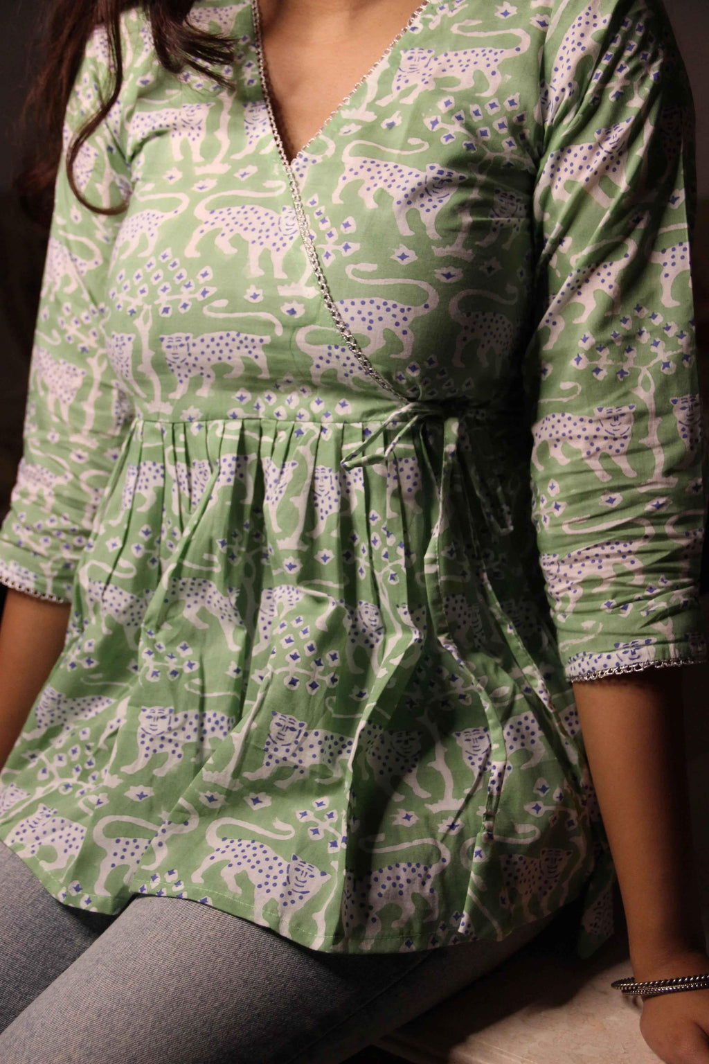 Heer - Pastel Green Leopard Print Faux Angrakha top