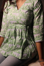 Heer - Pastel Green Leopard Print Faux Angrakha top