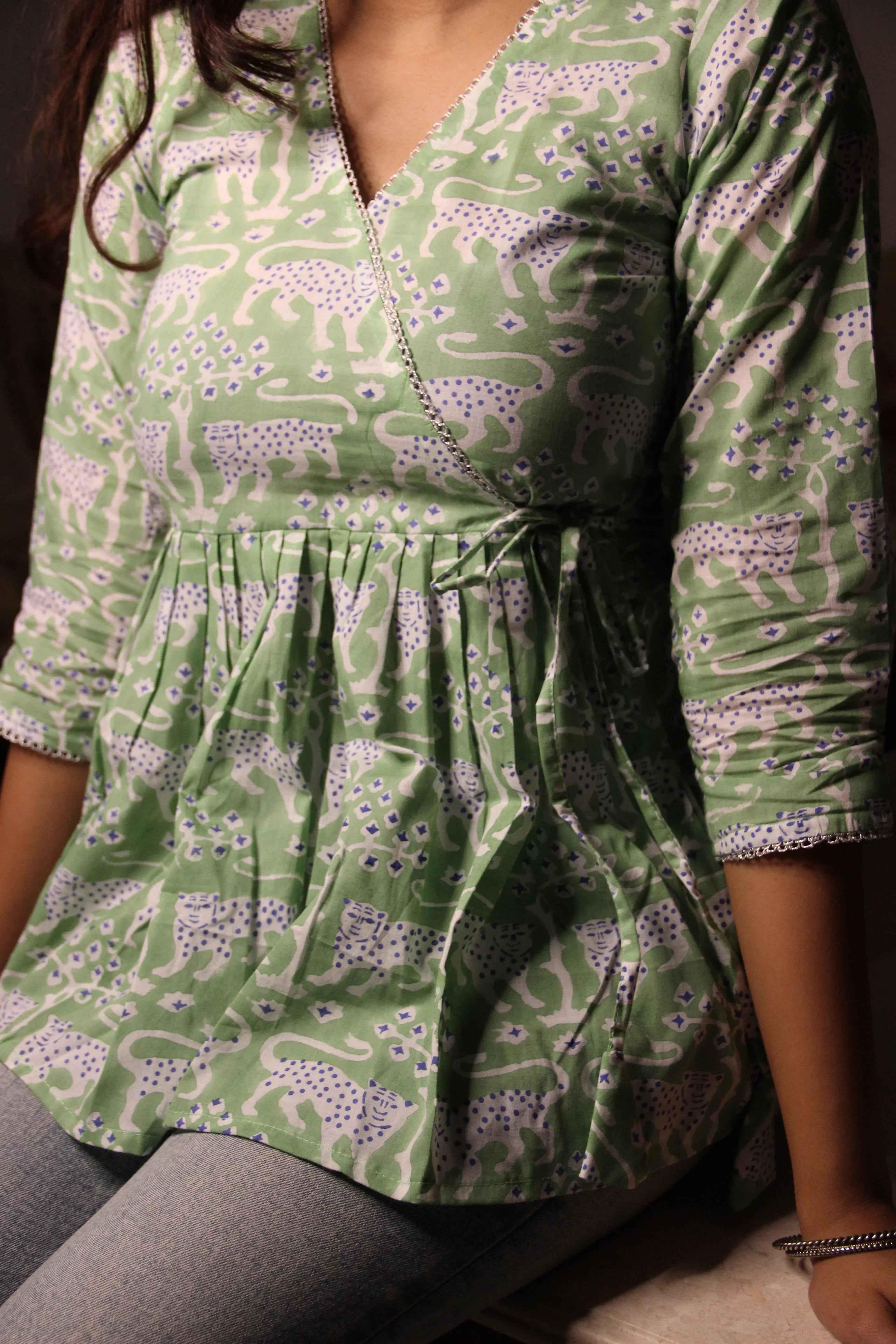 Heer - Pastel Green Leopard Print Faux Angrakha top