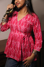 Heer - Bright Pink Ikat-Inspired Faux Angrakha top