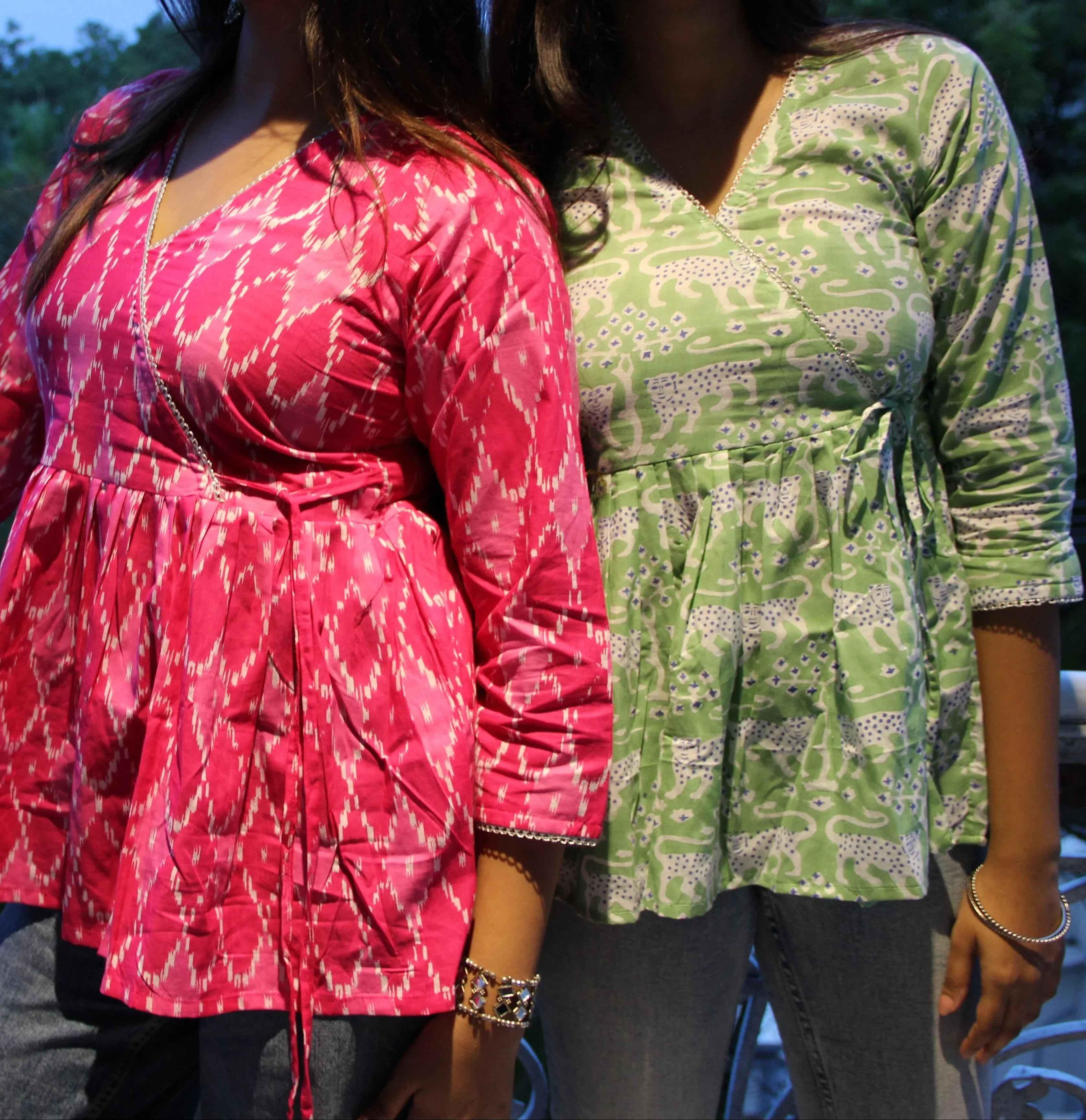 Heer - Pastel Green Leopard Print Faux Angrakha top