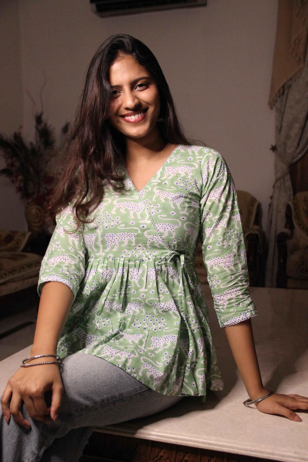 Heer - Pastel Green Leopard Print Faux Angrakha top