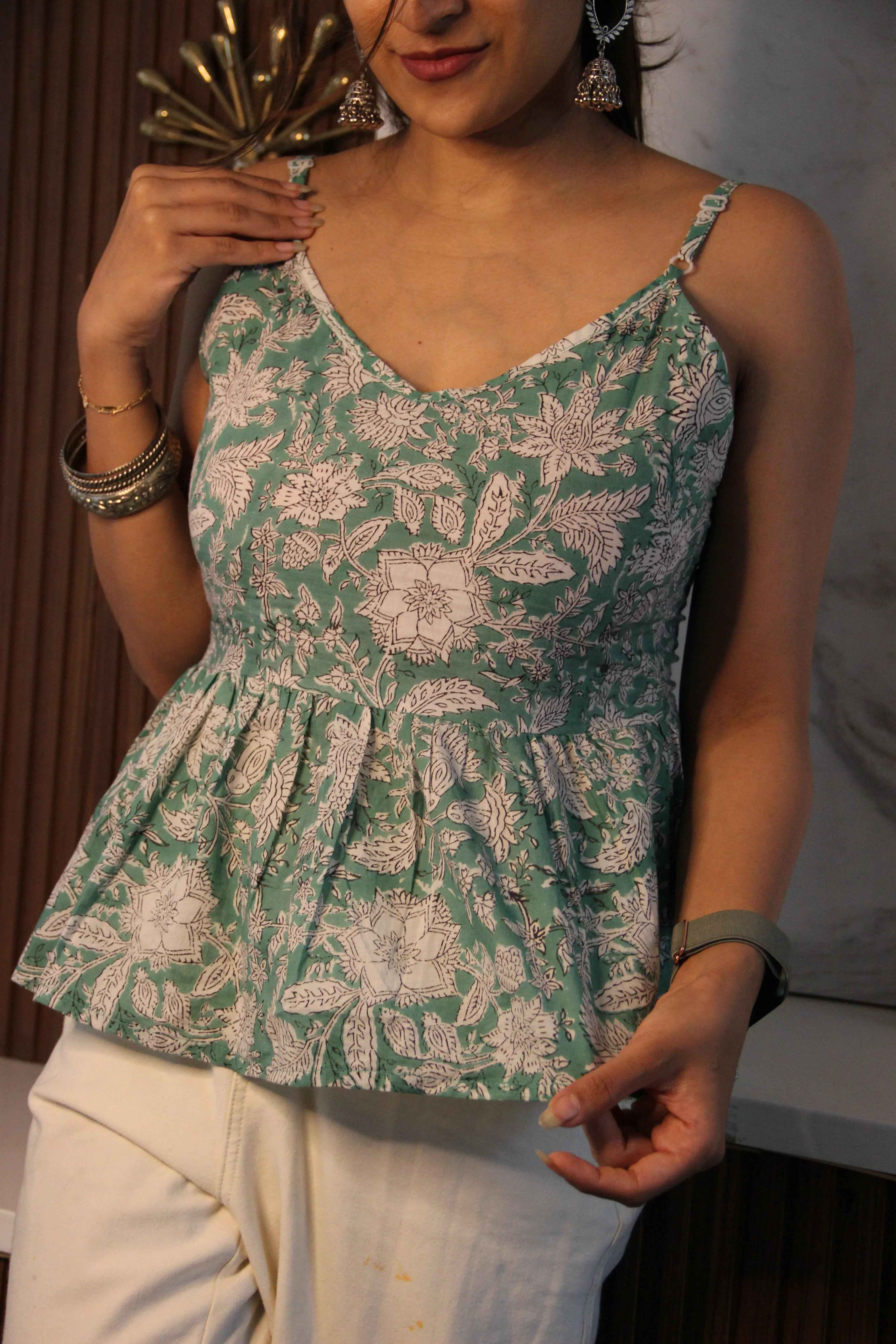 Jiya - Mint Green Floral Peplum Top