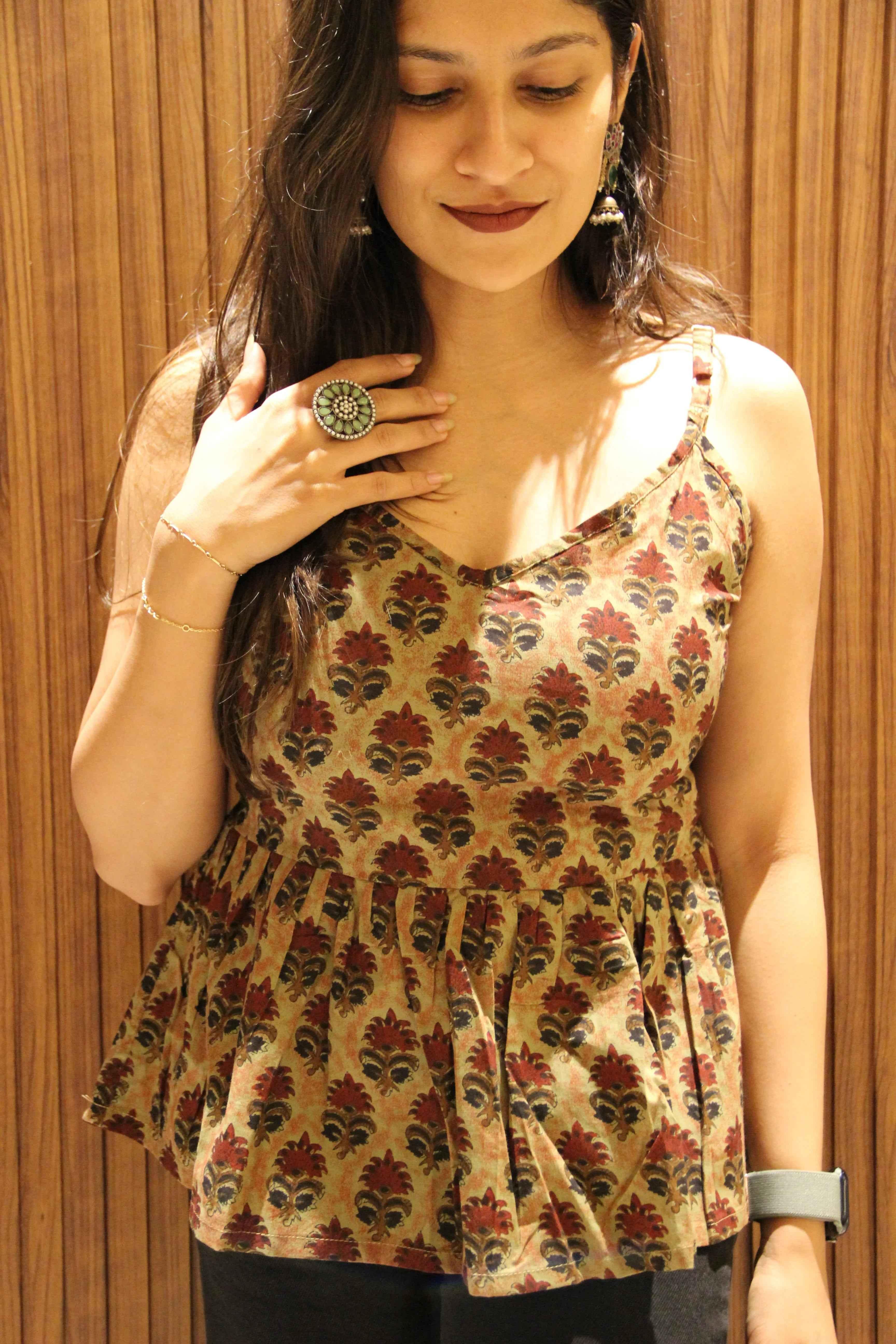 Jiya - Nude Colour Floral Peplum Top