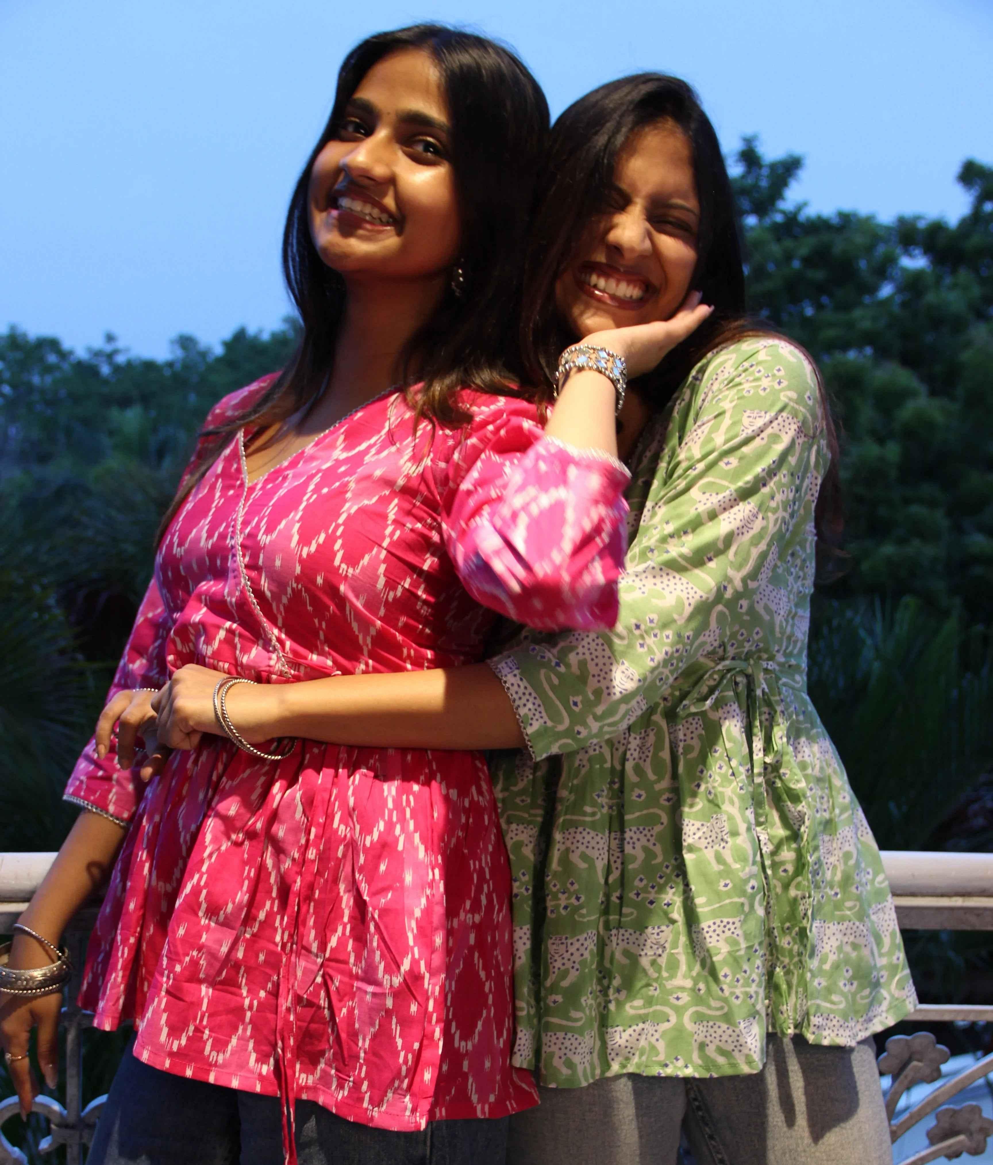 Heer - Bright Pink Ikat-Inspired Faux Angrakha top