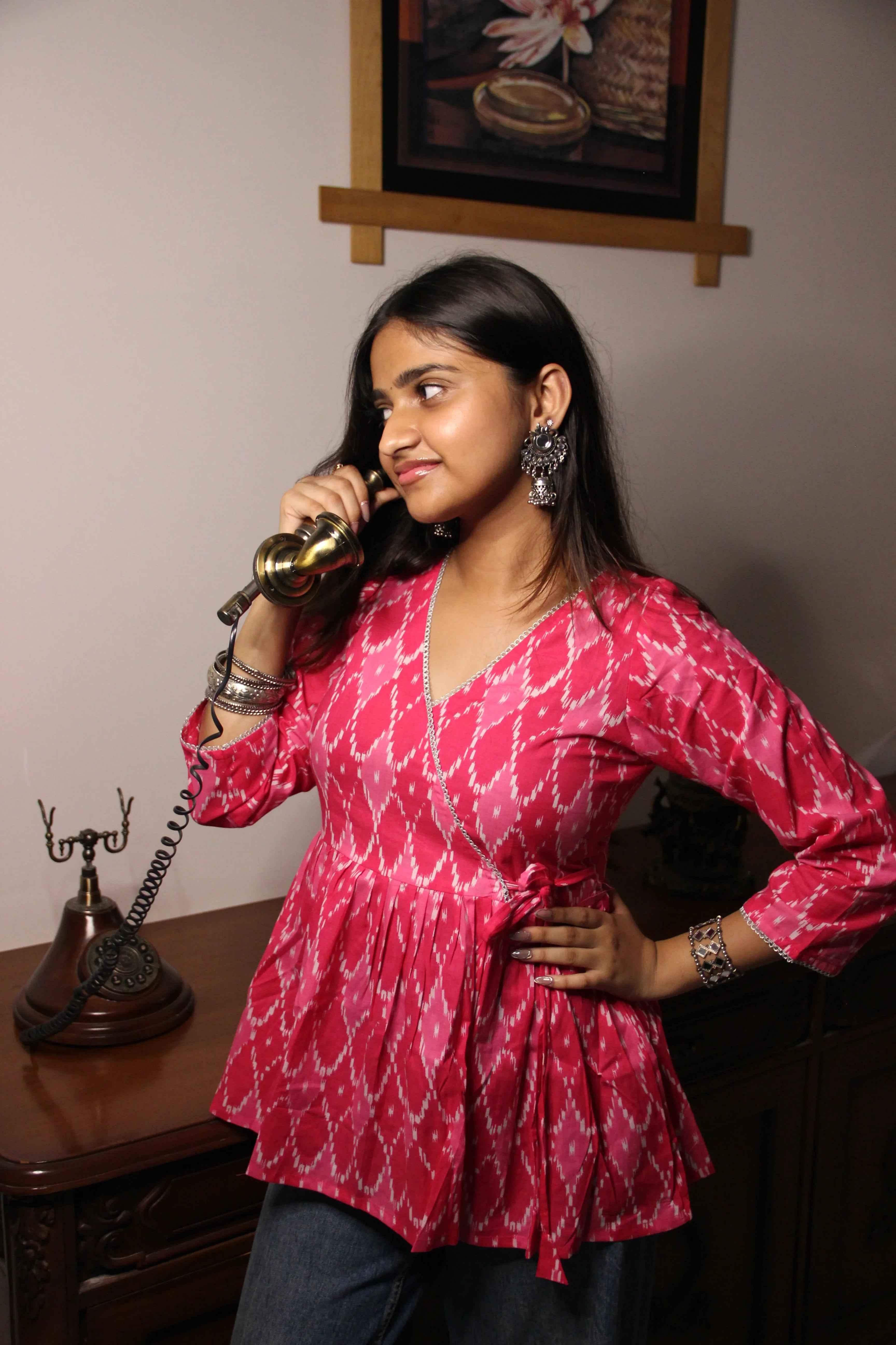 Heer - Bright Pink Ikat-Inspired Faux Angrakha top