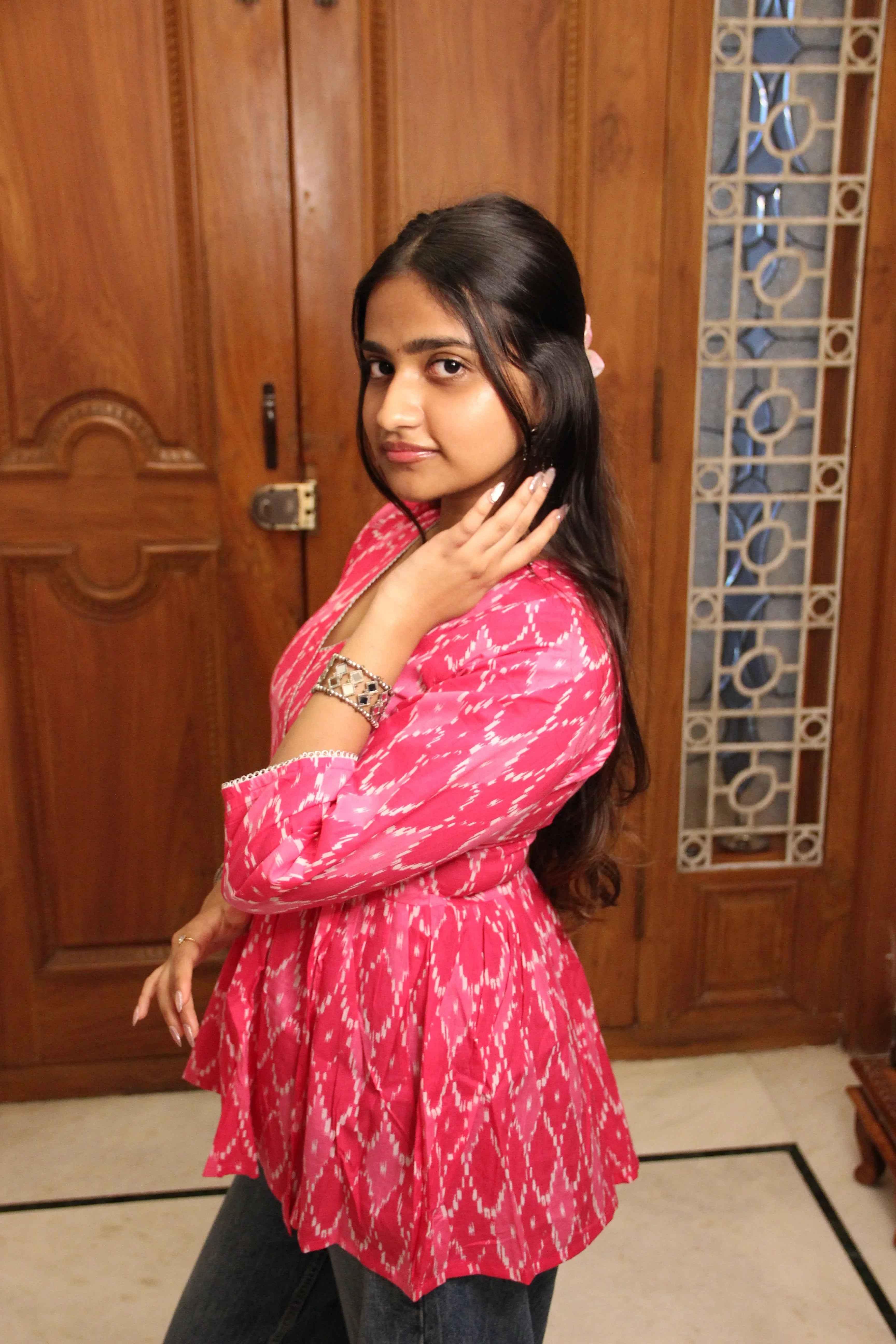 Heer - Bright Pink Ikat-Inspired Faux Angrakha top