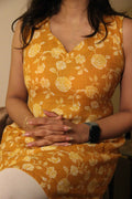 Simran - Mustard Yellow Floral Sleeveless Kurti (With Pockets)
